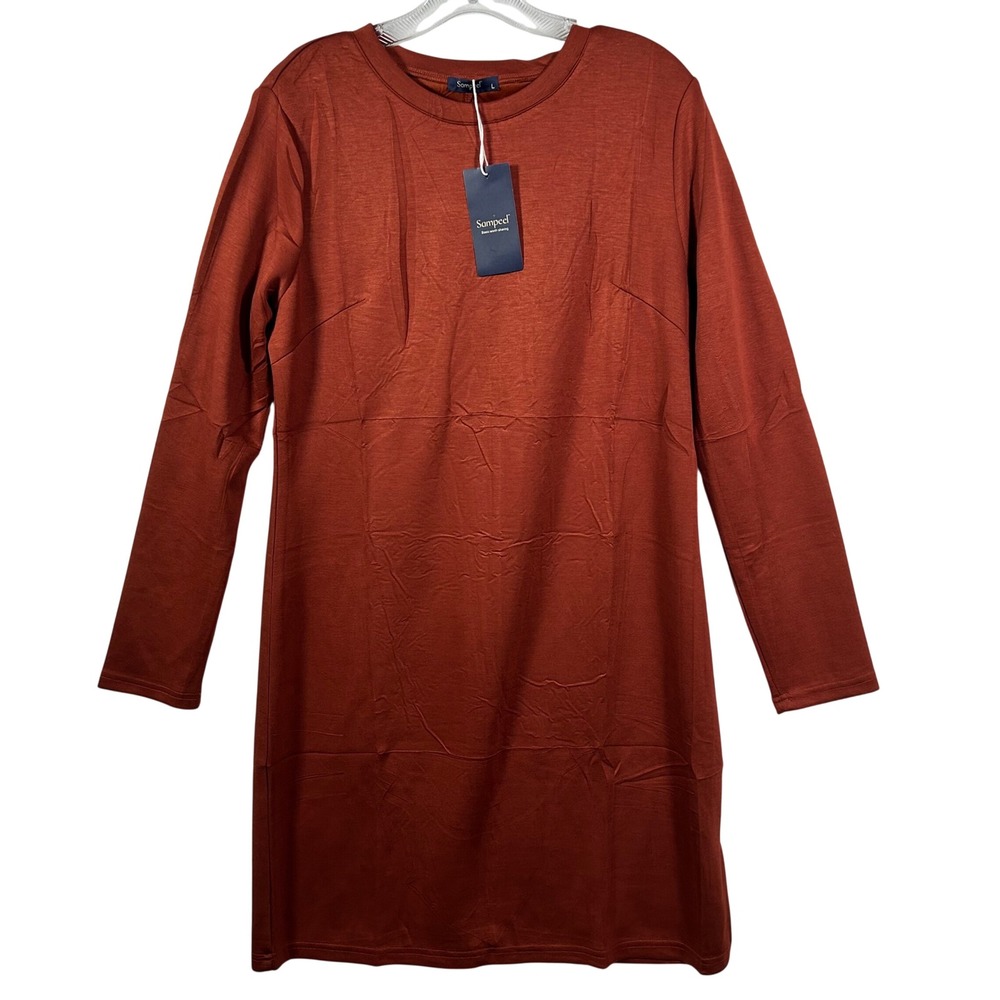 Sampeel‎ Womens Long Sleeve Crew Neck T-Shirt Dress Rust Orange Side Slit Large
